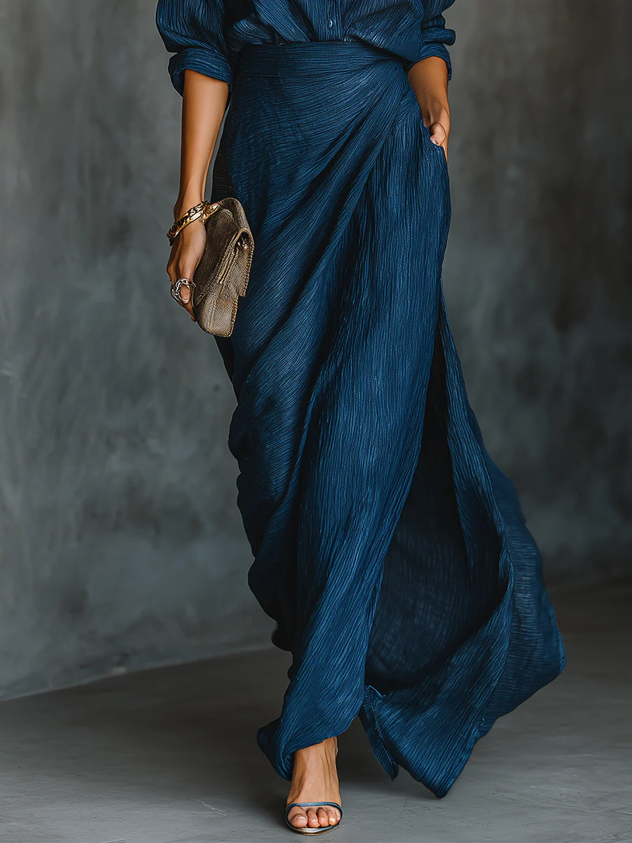 Ensemble élégant bleu foncé composé d’une chemise et d’une jupe longue en mélange de coton et de lin