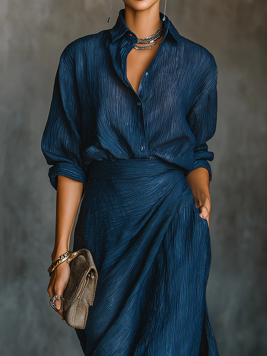 Ensemble élégant bleu foncé composé d’une chemise et d’une jupe longue en mélange de coton et de lin