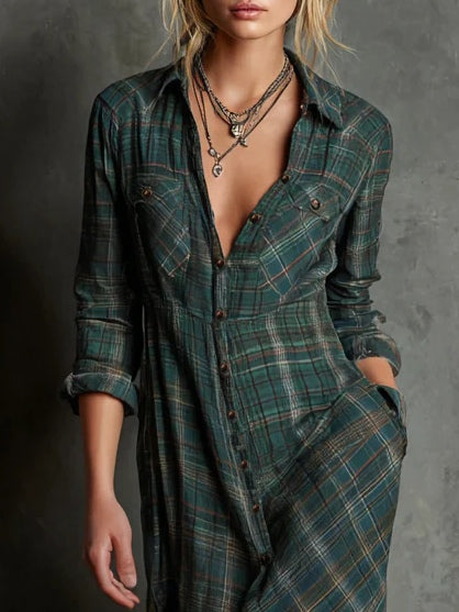 Margaux | Robe Chemise Longue à Col Vichy Vert