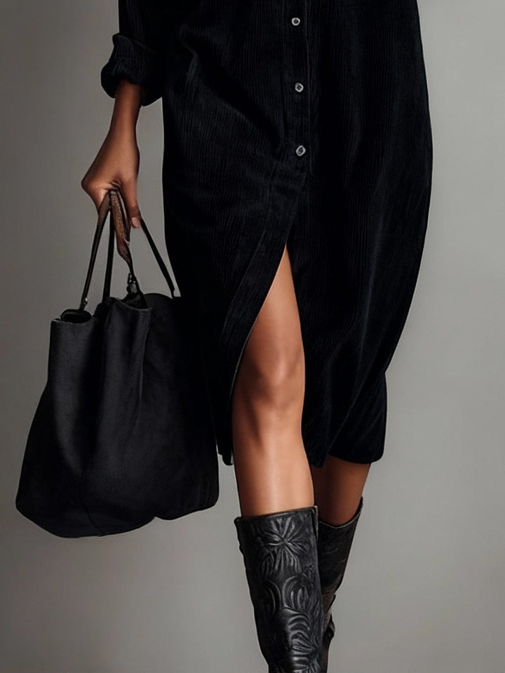 Béatrice | Robe Midi en Velours Côtelé à Poches et Boutonnage Simple