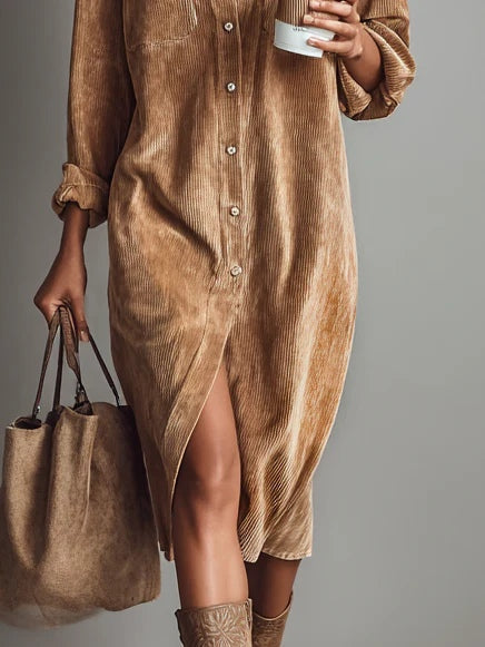 Béatrice | Robe Midi en Velours Côtelé à Poches et Boutonnage Simple