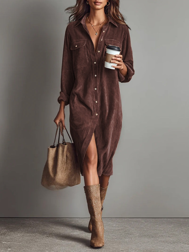 Béatrice | Robe Midi en Velours Côtelé à Poches et Boutonnage Simple