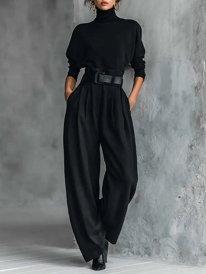 Noëlla | Ensemble Haut Col Roulé Noir et Pantalon Droit