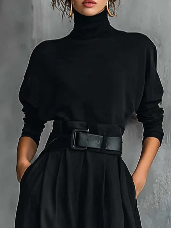 Noëlla | Ensemble Haut Col Roulé Noir et Pantalon Droit