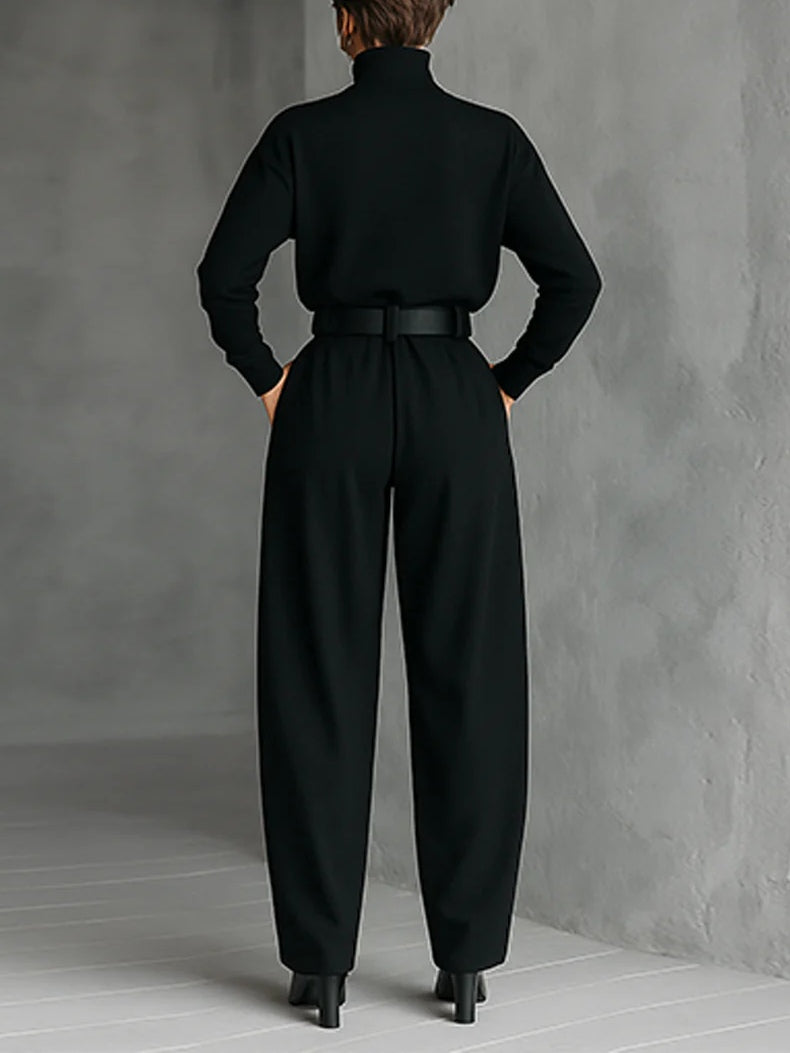 Noëlla | Ensemble Haut Col Roulé Noir et Pantalon Droit