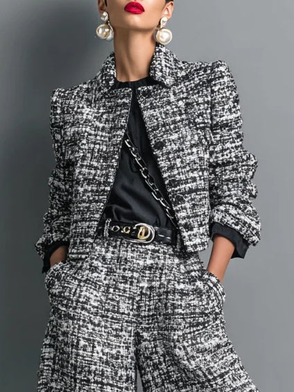 Ensemble en mélange imprimé tweed avec veste courte à boutonnage simple et pantalon à jambes larges