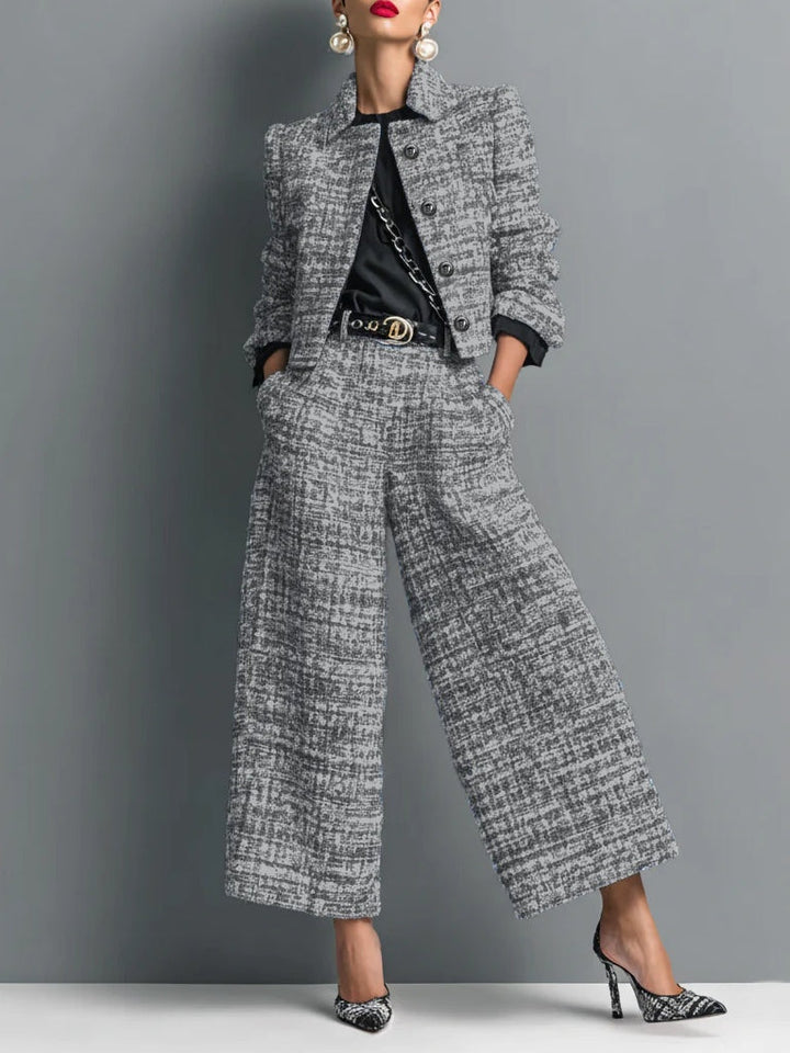 Ensemble en mélange imprimé tweed avec veste courte à boutonnage simple et pantalon à jambes larges