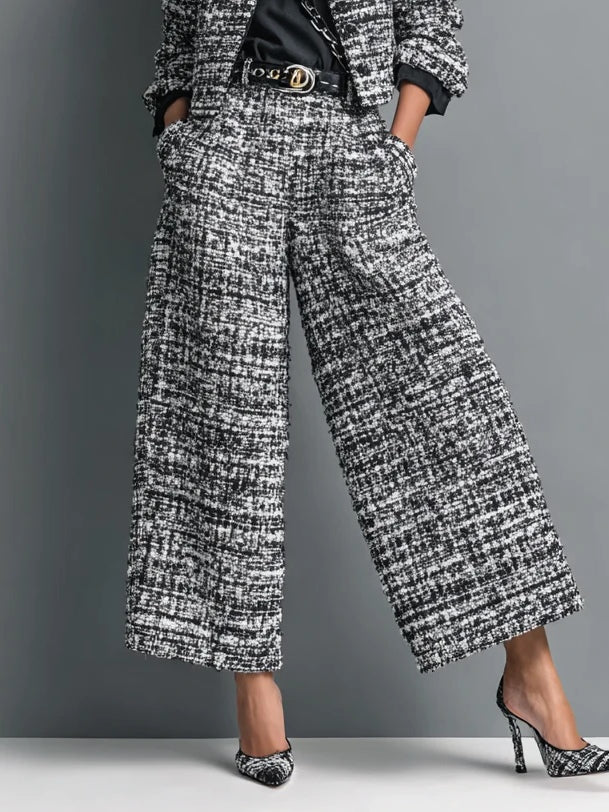 Ensemble en mélange imprimé tweed avec veste courte à boutonnage simple et pantalon à jambes larges