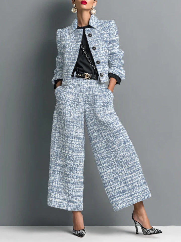 Ensemble en mélange imprimé tweed avec veste courte à boutonnage simple et pantalon à jambes larges