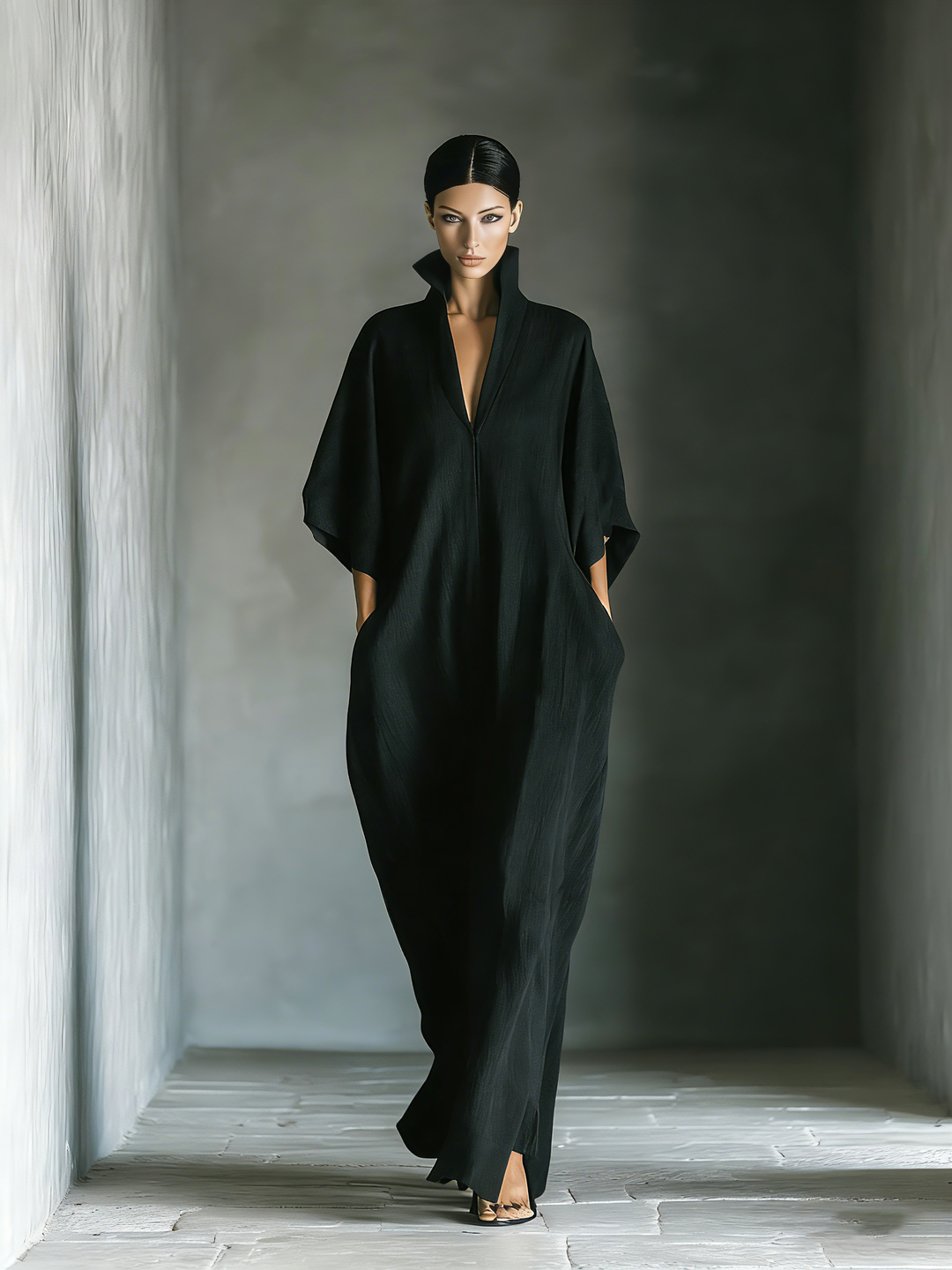 Costanza | Maxi robe noire avec manches kimono et décolleté en V