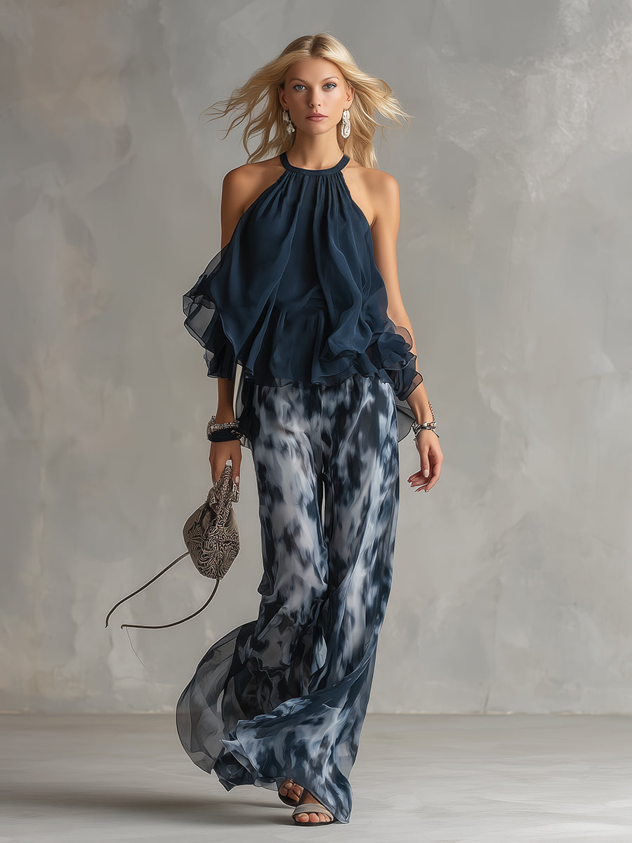 Ludovica | Ensemble élégant avec top dos-nu bleu marine et pantalon large imprimé