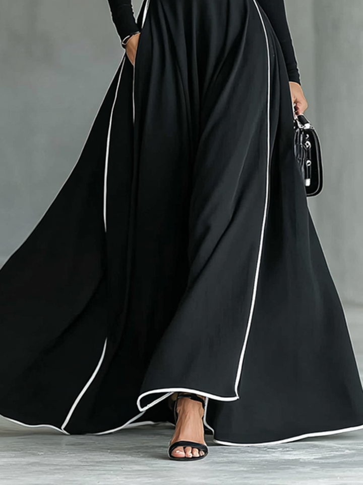 Colette | Robe Maxi Femme Noire à Coutures Blanches et Col Monté, Manches Longues, Taille Cintrée