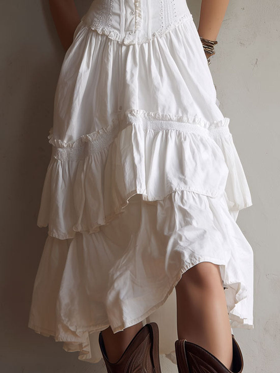 Robe midi corset bohème rétro bordée de dentelle avec jupe à volants étagés