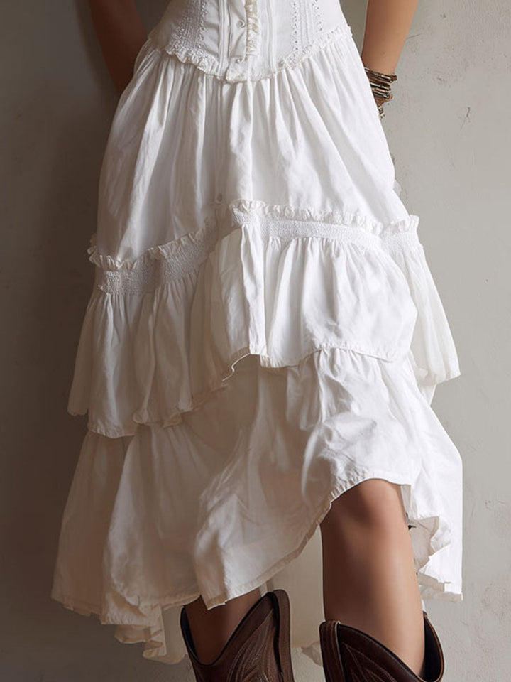 Robe midi corset bohème rétro bordée de dentelle avec jupe à volants étagés
