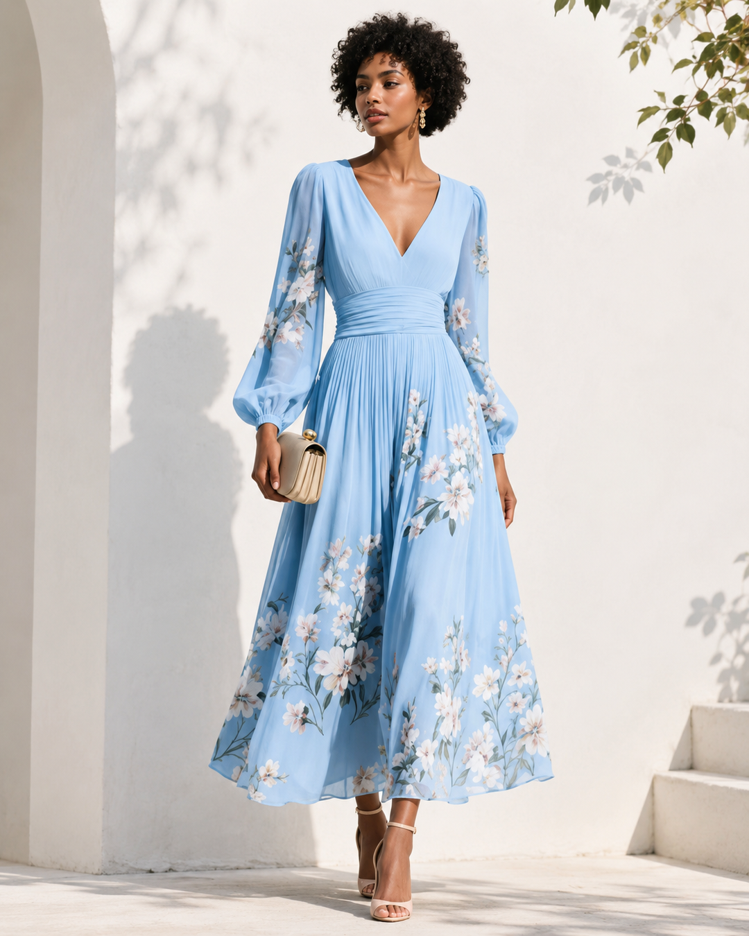 Robe longue élégante pour femme, avec un décolleté en V profond et des manches longues