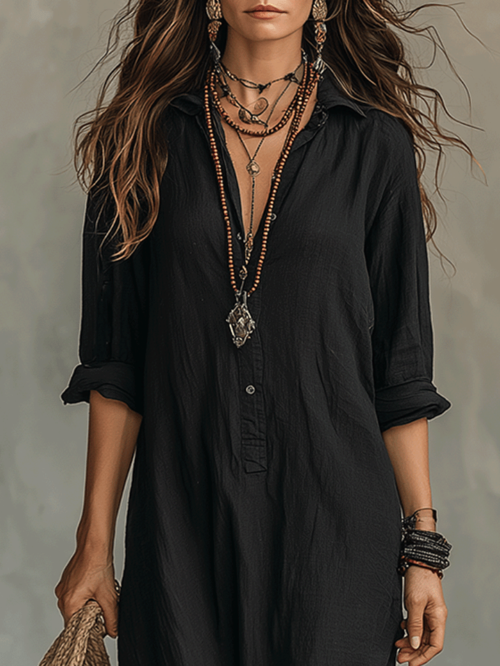 Robe-chemise longue bohème noire à boutons sur le devant
