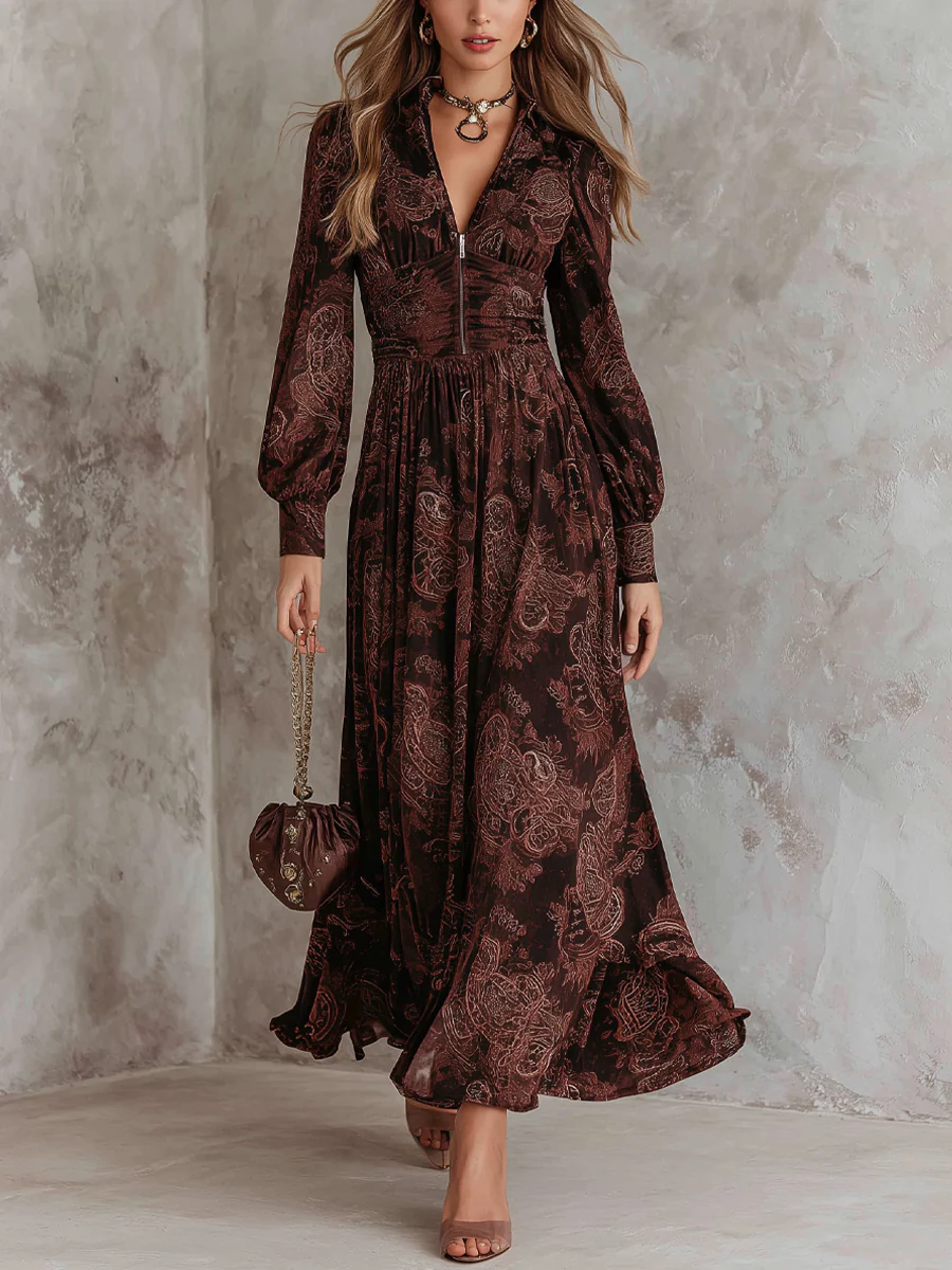Oriane | Robe Maxi Taille Haute à Zip Imprimé Paisley Marron