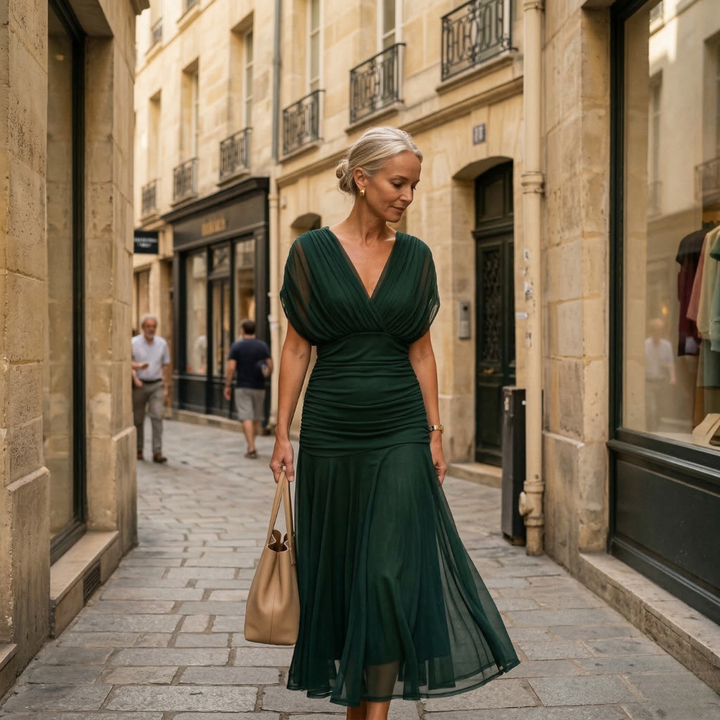 Diane | Robe Maxi Drapée à Col en V et Manches Voilées