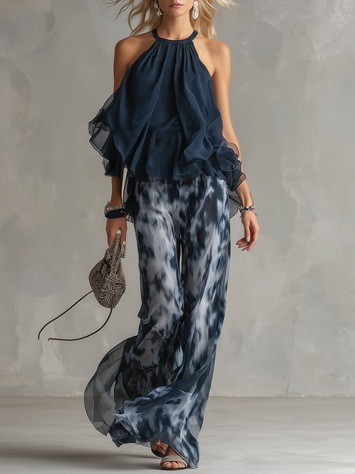 Ludovica – Ensemble élégant en mousseline avec haut à col montant et pantalon imprimé à jambes larges • S1