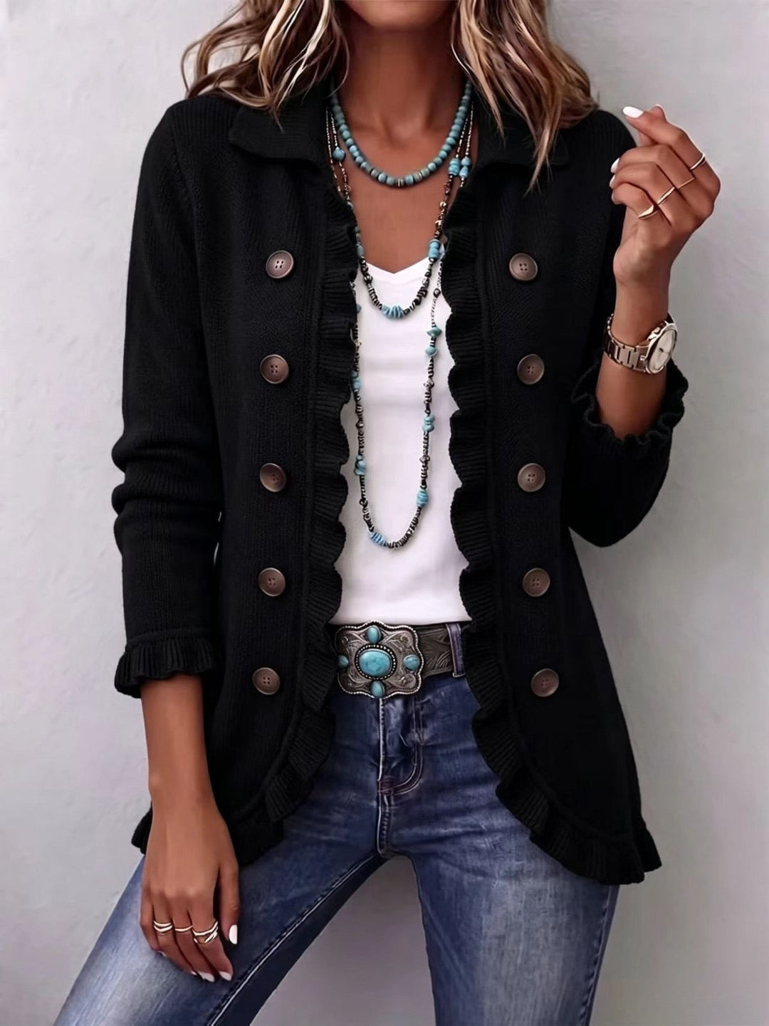 Camille | Veste en Maille Côtelée à Volants Noir Intense