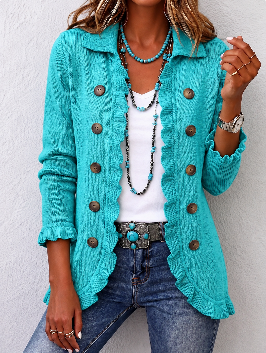 Sylvaine | Veste en Maille Côtelée Turquoise à Volants