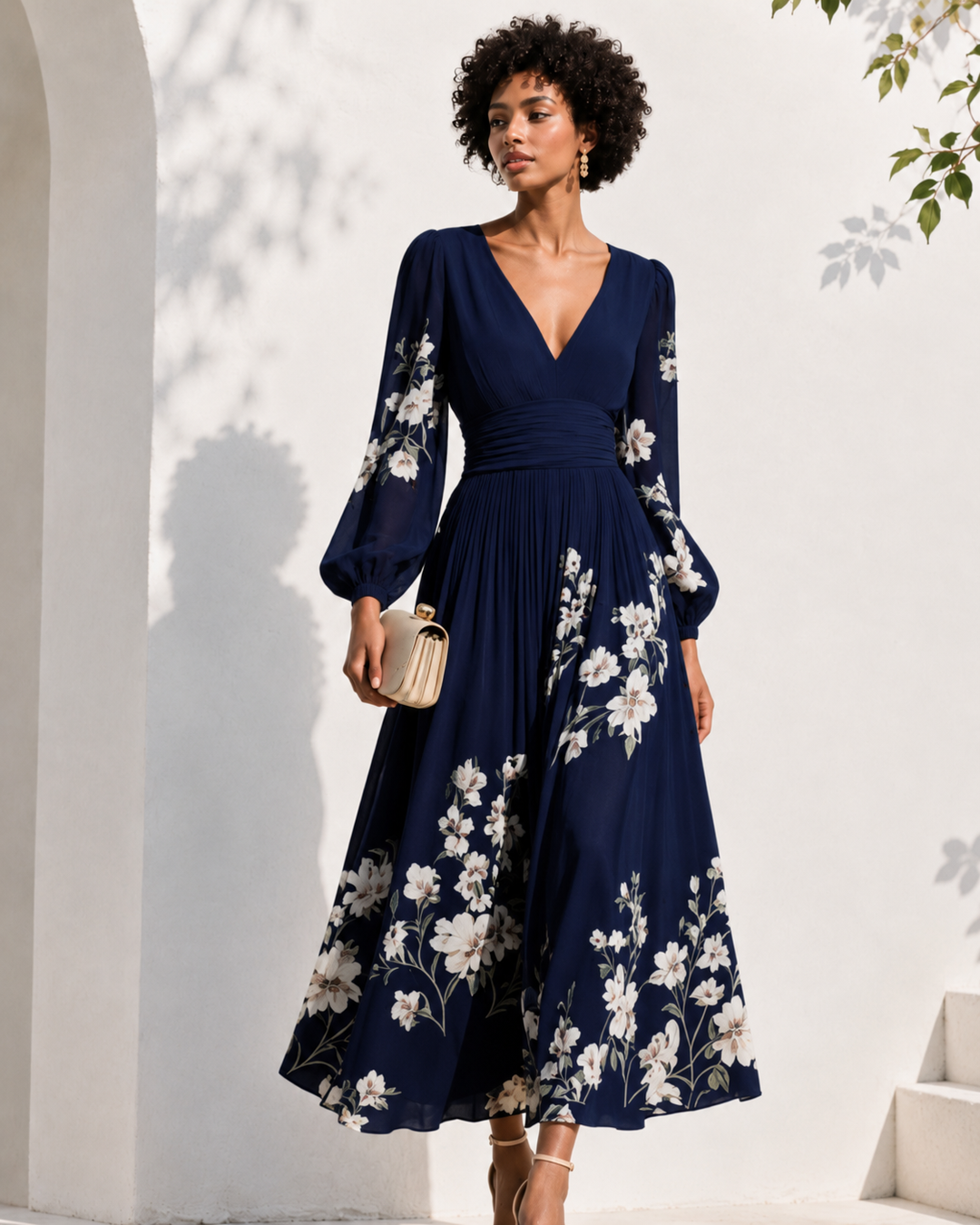 Robe longue élégante pour femme, avec un décolleté en V profond et des manches longues
