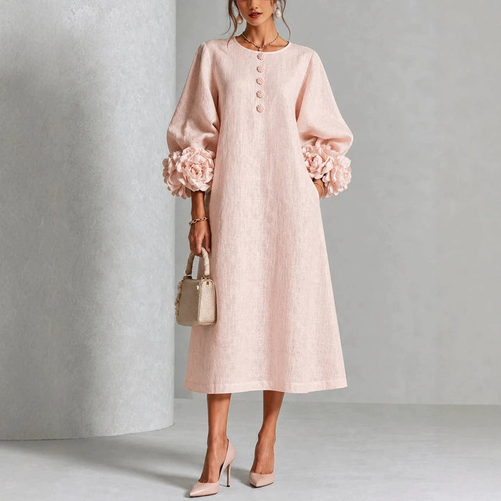 IVY | Robe midi fleurie romantique à élégantes manches avec poignets en forme de rose
