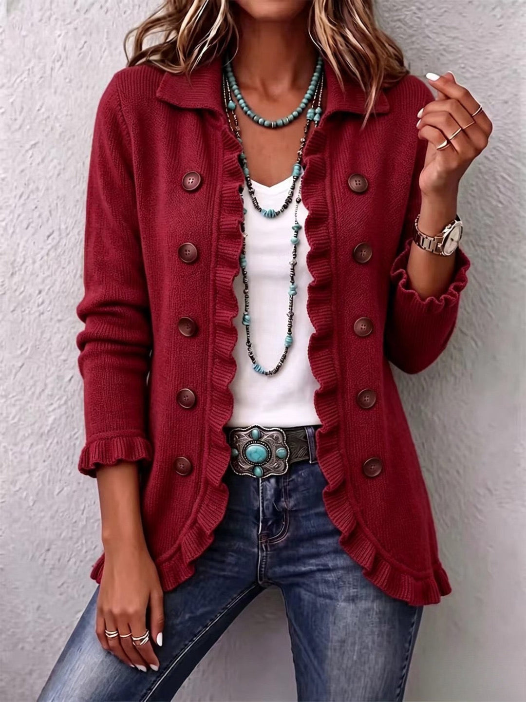 Marthe | Veste en Maille Côtelée Rouge Rubis à Volants