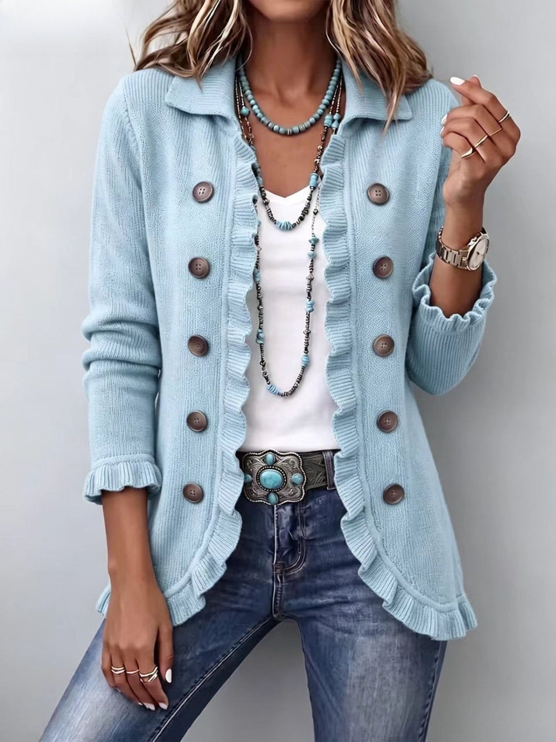 Perrine | Veste en Maille Côtelée Bleu Poudré à Volants