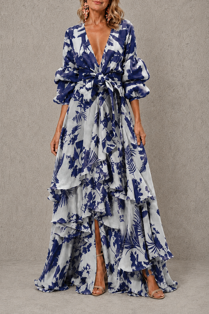 Victoria | Robe élégante à volants avec ceinture à nœud chic