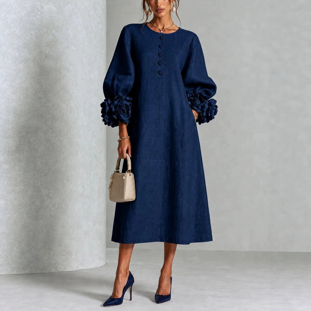 IVY | Robe midi fleurie romantique à élégantes manches avec poignets en forme de rose