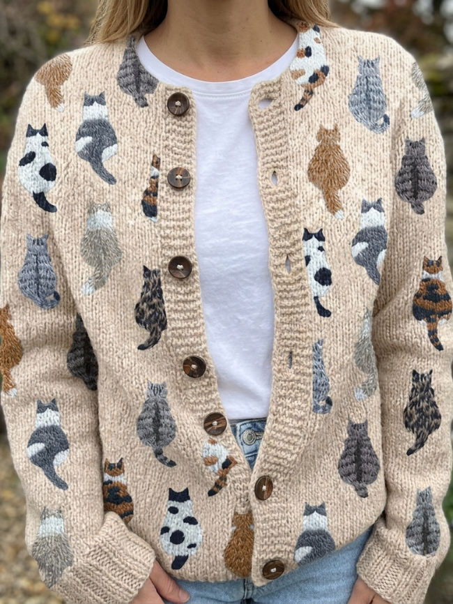 Charlotte™ | Cardigan Douillet à Imprimé Chat