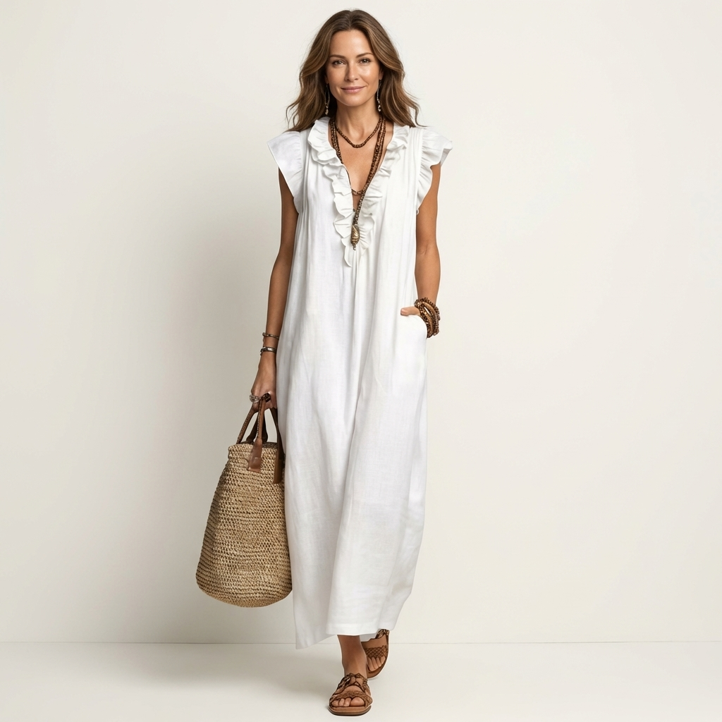 Josette | Robe longue en lin à col V à volants