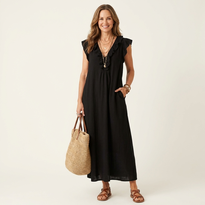 Josette | Robe longue en lin à col V à volants