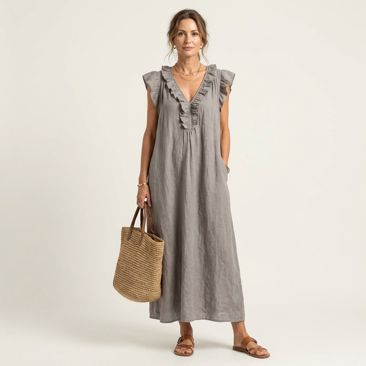 Josette | Robe longue en lin à col V à volants