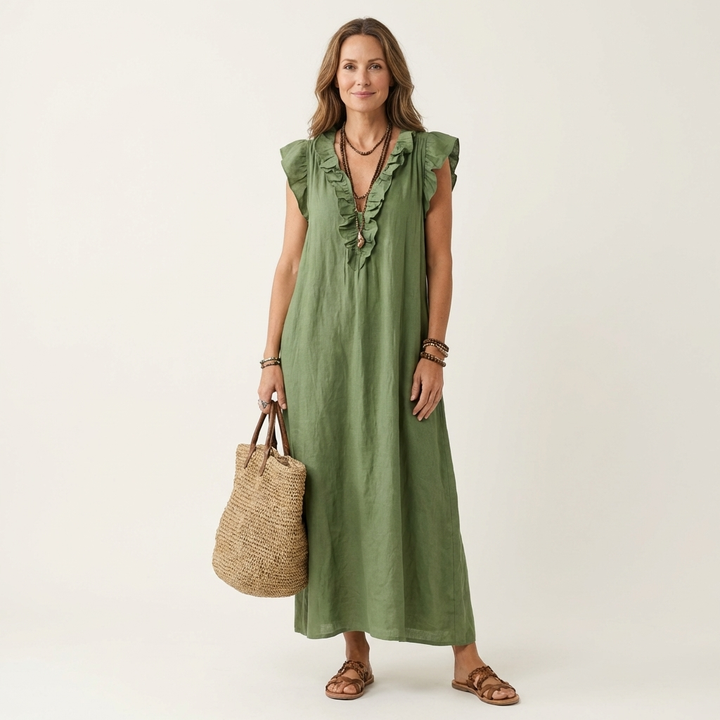 Josette | Robe longue en lin à col V à volants