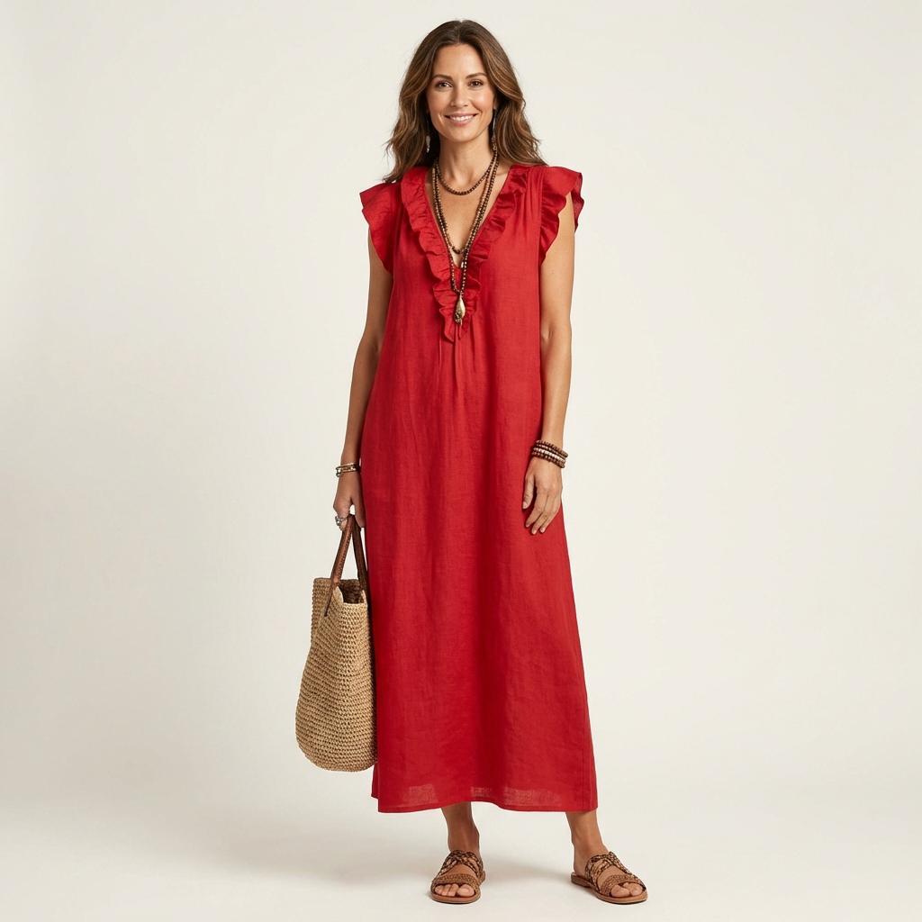 Josette | Robe longue en lin à col V à volants