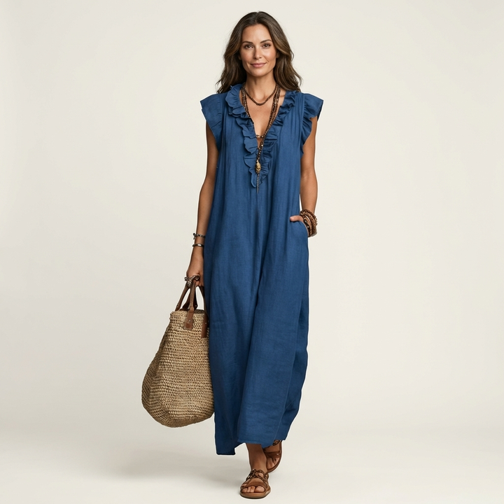 Josette | Robe longue en lin à col V à volants
