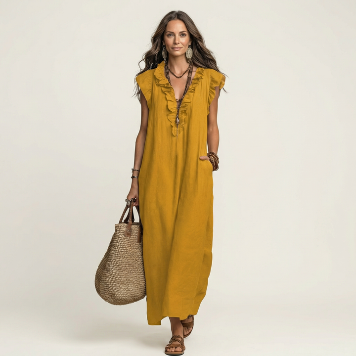 Josette | Robe longue en lin à col V à volants