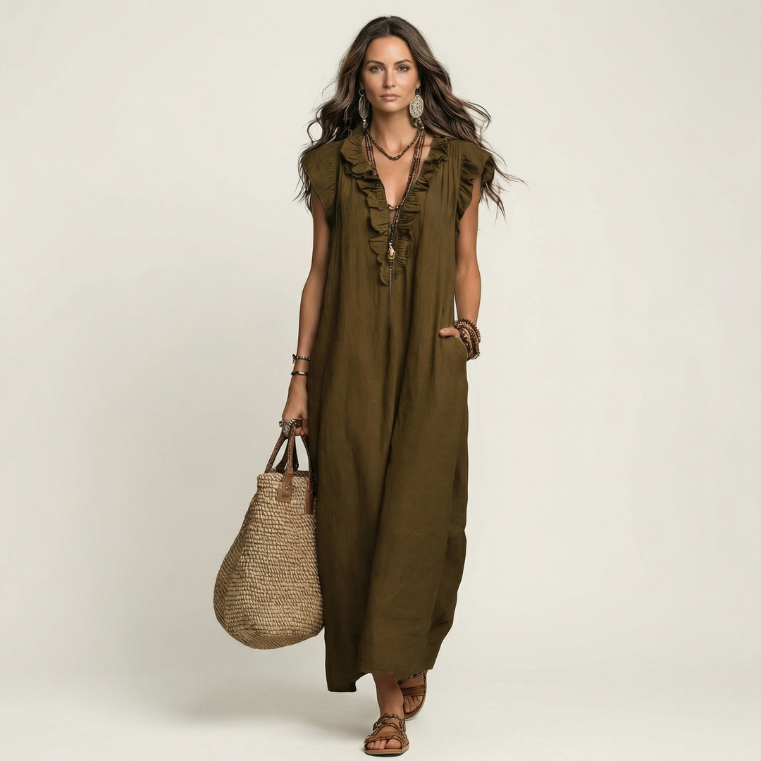 Josette | Robe longue en lin à col V à volants