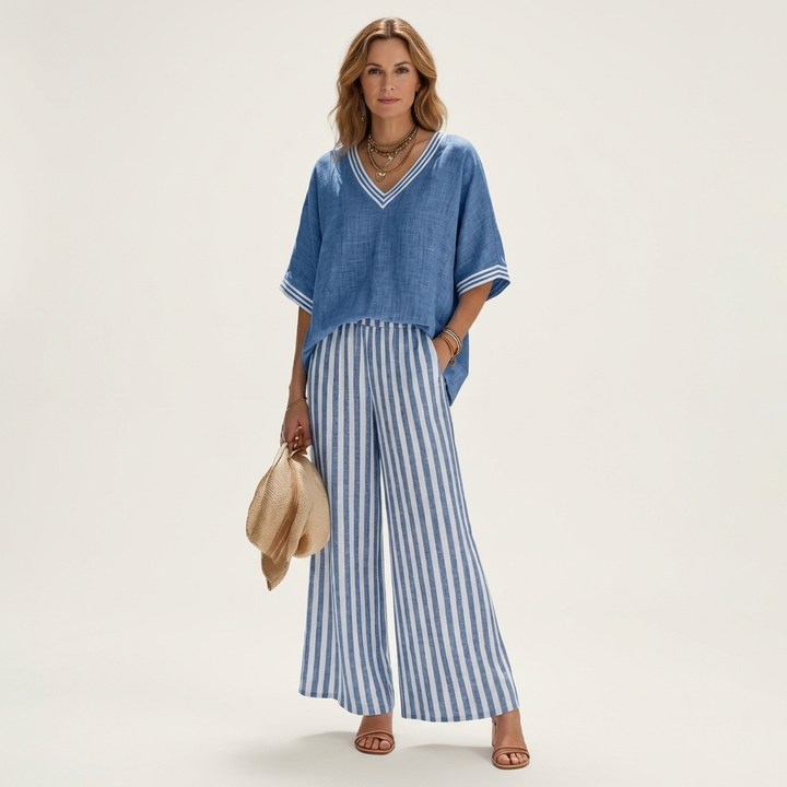 Juliana | Ensemble haut col V esprit college et pantalon large rayé