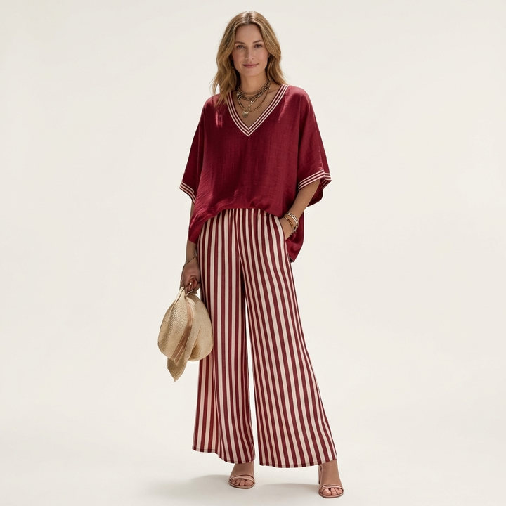 Juliana | Ensemble haut col V esprit college et pantalon large rayé