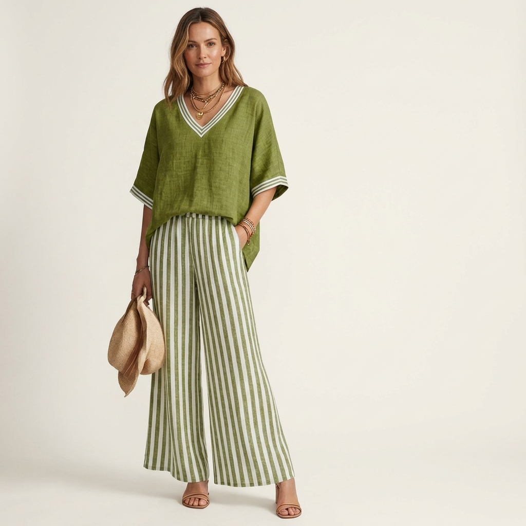 Juliana | Ensemble haut col V esprit college et pantalon large rayé