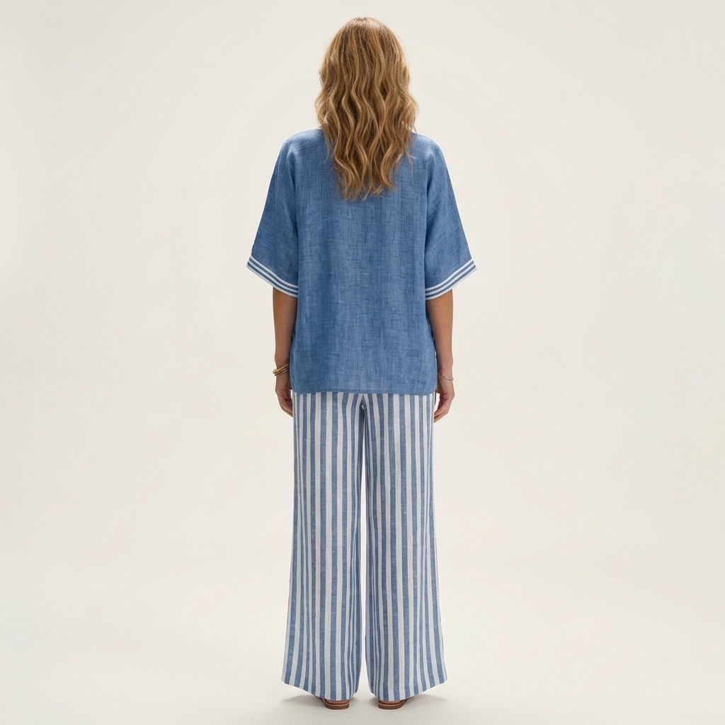 Juliana | Ensemble haut col V esprit college et pantalon large rayé