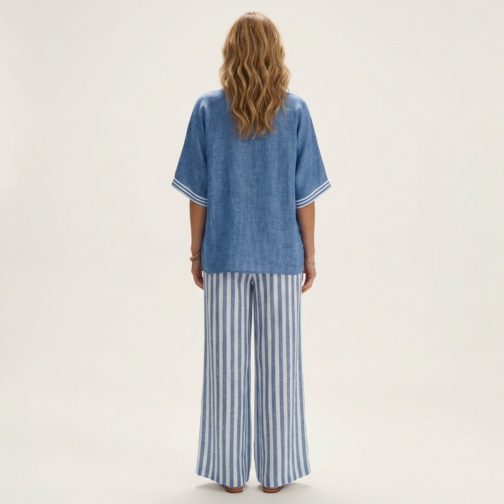 Juliana | Ensemble haut col V esprit college et pantalon large rayé