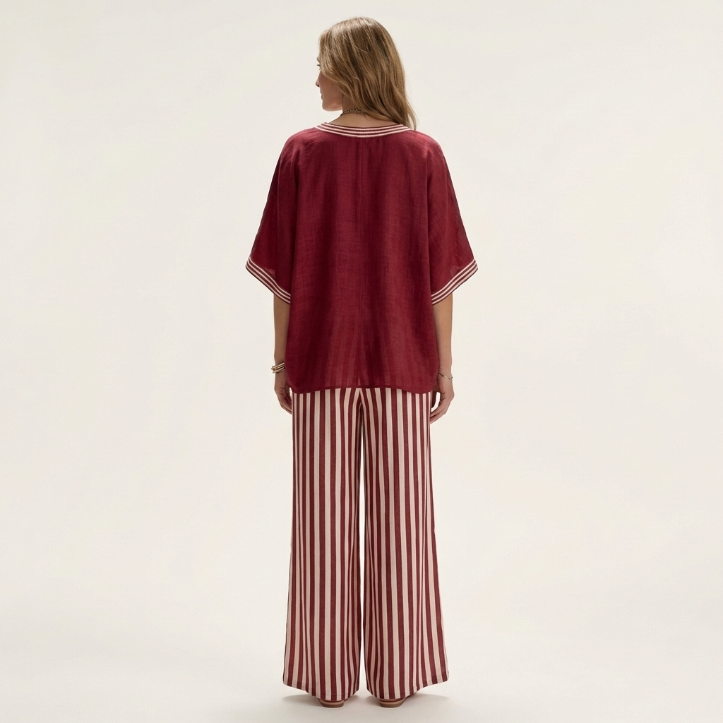 Juliana | Ensemble haut col V esprit college et pantalon large rayé
