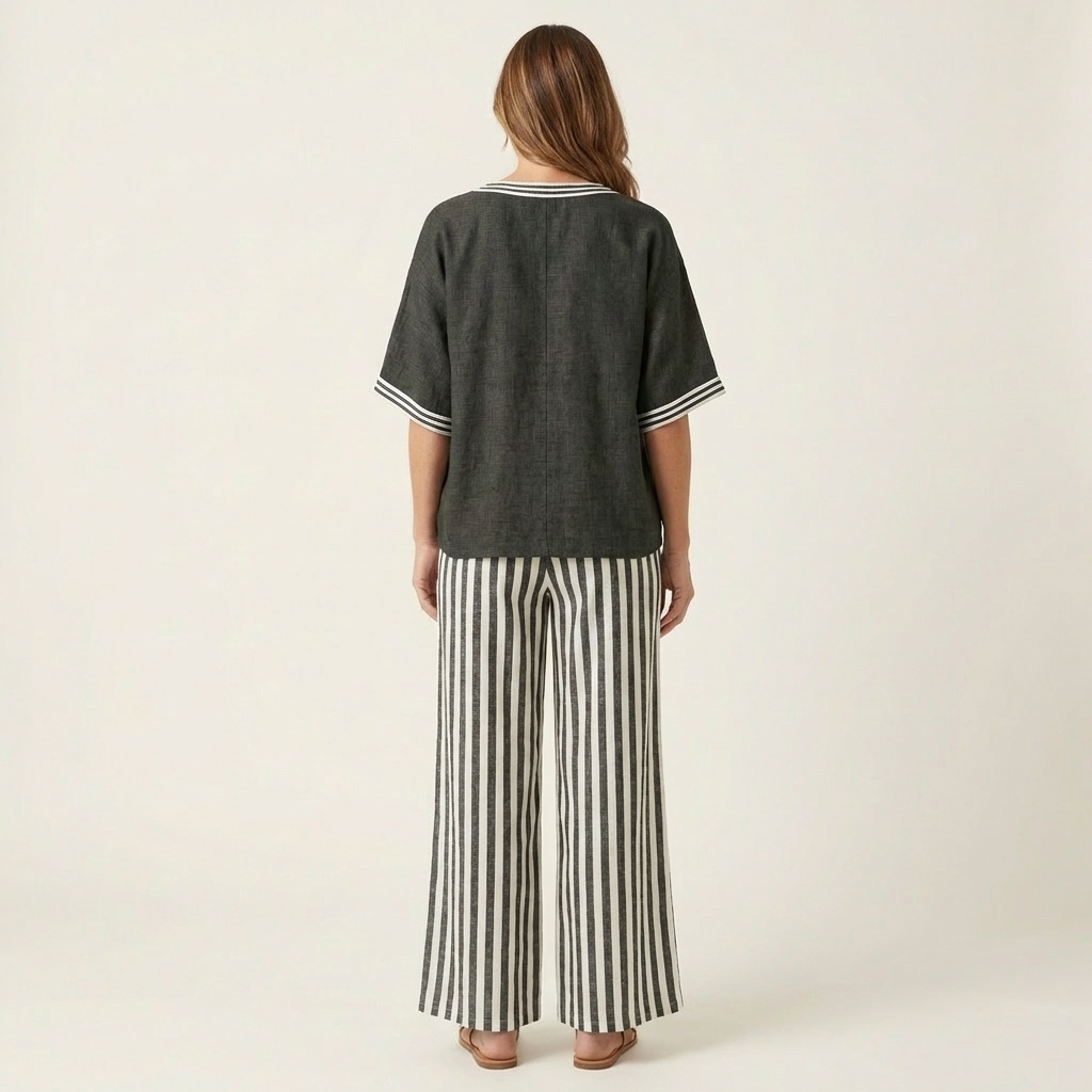 Juliana | Ensemble haut col V esprit college et pantalon large rayé