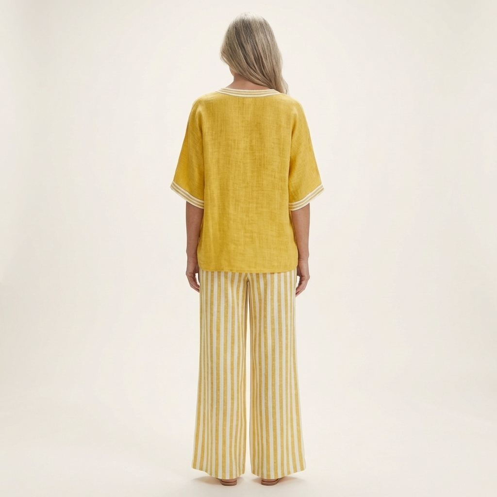 Juliana | Ensemble haut col V esprit college et pantalon large rayé