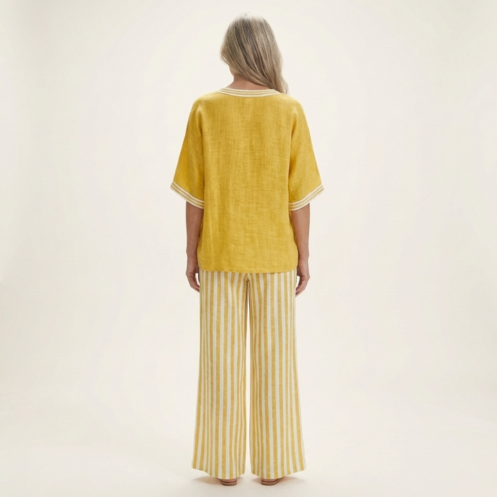 Juliana | Ensemble haut col V esprit college et pantalon large rayé