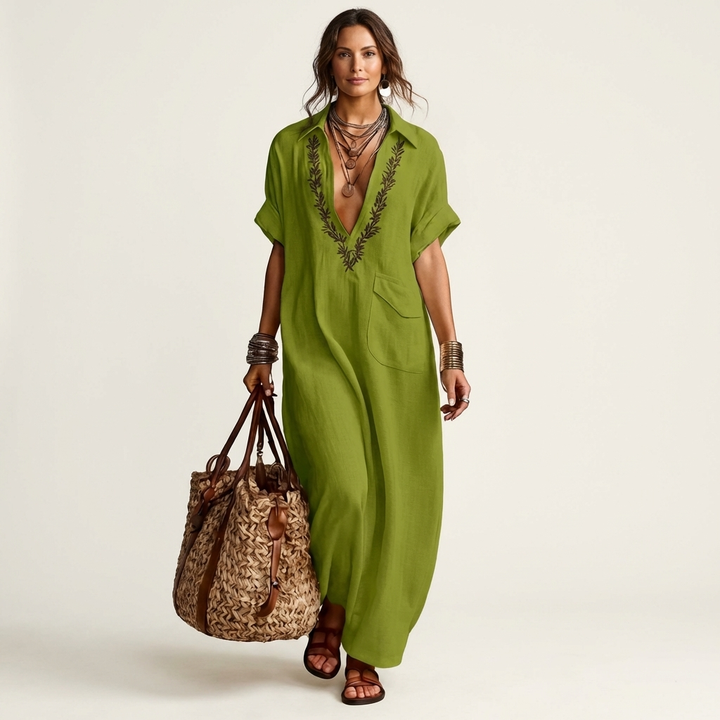 Amarina | Robe longue en lin col V brodé